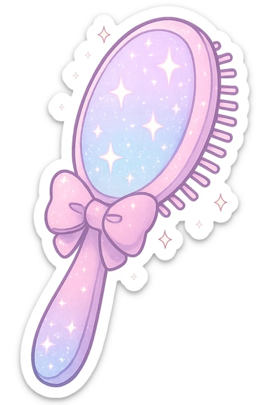 girly sparkling hairbrush with bow, no background, pastel colors, shiny and glittering sticker