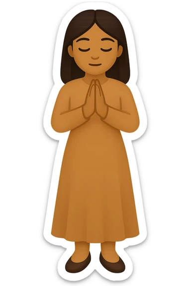 Show the woman standing and praying from the front view, wearing a long tan dress, with dark brown hair, in emoji style. Remove the background. sticker