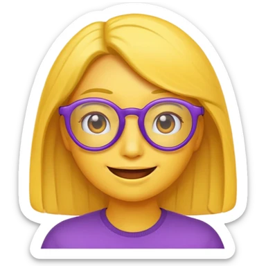un emojis amarillo, con el cabello corto y lacio, con lentes violeta y una sonrisa sticker