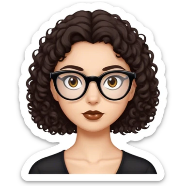 dark brown curly hair fair skin brown eyebrows brown eyes black cat eye glasses sticker