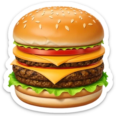 hamburger with sesame seed bun, lettuce, tomato, cheese, and patty sticker