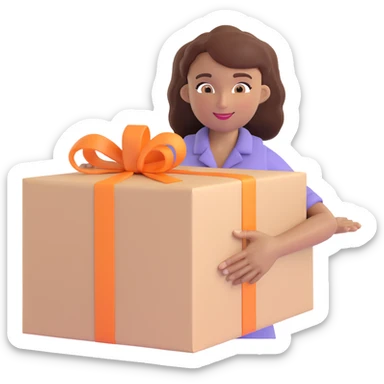 mujer de piel morena entregando un paquete grande, expresión amigable sticker