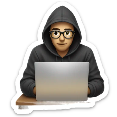 hacker with the hoddie on and glasses hacking on a laptop sticker