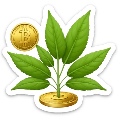 Crea un emoji que sea una hoja botánica (como un brote o una ramita de salvia) con un pequeño símbolo de dólar o una moneda de oro integrada en el centro. Estilo orgánico y profesional. sticker