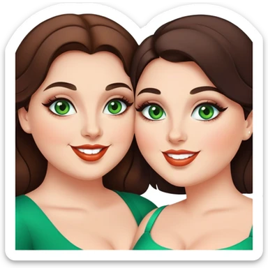 Happy curvy sisters, brunettes, green eyes, makeup sticker