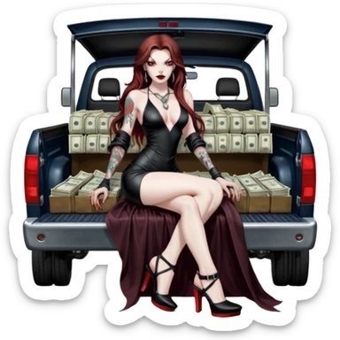 Lilith model red eye seductress evil long brown haired sexy succubus woman with leather long dress with slit, sitting in Big Large F350 pickup truck. Black Platform high heels on feet. Tattoo sleeve arms, seat full of stacks of cash, and a man dead human skull of her enemies and a gun in other hand sticker