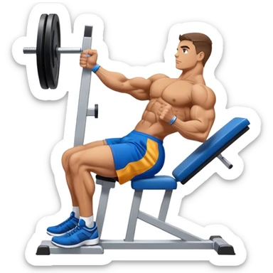 side-view bodybuilder in blue shorts seated weighted calf-raise machine on his tip toes sticker