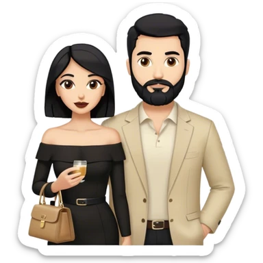 the Lebanese white skinned man with black hair and beard dressed in all black, and the Palestinian woman in an elegant off-shoulder cream-colored outfit with a handbag. sticker