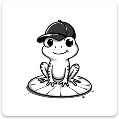 Tiny tropic frog wearing a baseball cap sticker