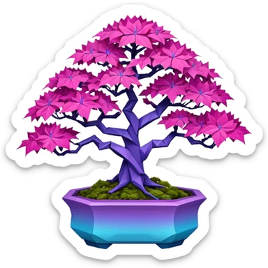 Futuristic wild alien maples Bonsai hair-fine-leaf group crimson crystal azalea purple and cream pink blue forest planting in shallow origami style pot  sticker