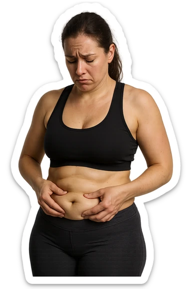 DONNA FITNESS CON GRASSO SULLA PANCIA, SI TOCCA LA PANCIA CON ESPRESSIONE TRISTE IN VOLTO, IPERREALISTICA 4K sticker