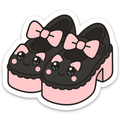 Refine the kawaii BLACKPINK-inspired gothic shoes by adding a large cute bow as the main motif, keeping the scalloped edge detail. Emphasize the black and pink color contrast, playful and stylish, no hearts, transparent background. sticker