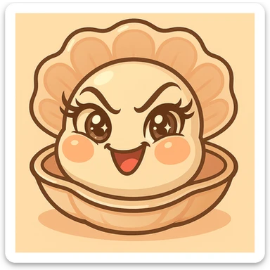Enhance the contrasts of the image while keeping the very mischievous expression, very expressive and luminous eyes, elegant eyelashes, and accentuating the pastel, pearly, cream, peach, and greige nuances. Maintain the large shell, the small oyster, the pastel toon style, and the background as is. sticker