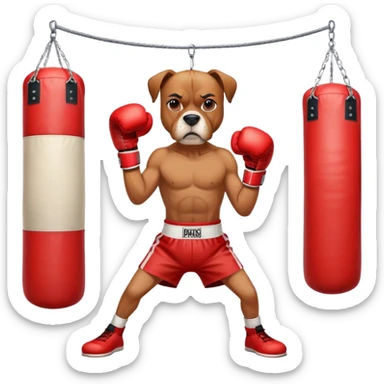 A determined boxer dog wearing red boxing gloves, practicing punches on a punching bag, with a focused expression, in a gym setting, cartoon style, vibrant colors, simple and clean design. sticker