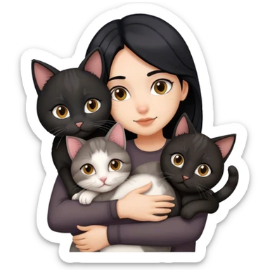 girl with black hair hugging three cats  (black cat, gray cat, brown calico cat) sticker