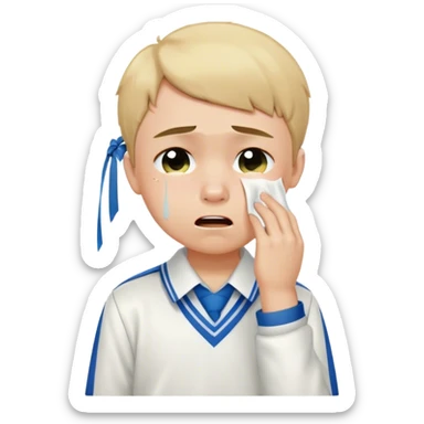 Create an emoji of a young boy student crying. He is wearing a school uniform, including a shirt and pants, and has short hair. The boy is visibly upset, with tears streaming down his face, and he is wiping his eyes with his hand. The background should be simple to emphasize his emotional state, conveying the feeling of being overwhelmed with school stress or personal struggles sticker