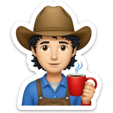 Ranch hand with blue hat and coffee mug, curly black hair, red shirt sticker