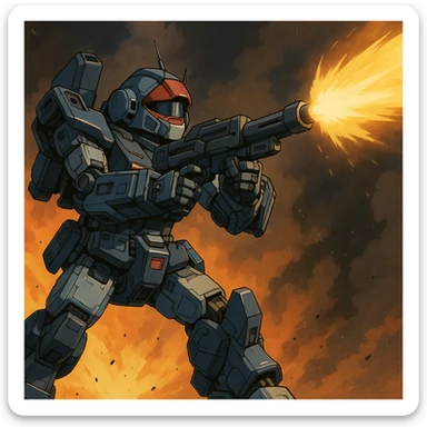 HI-METAL R Dougram, action scene, firing weapon, detailed mechanical parts, anime shading sticker