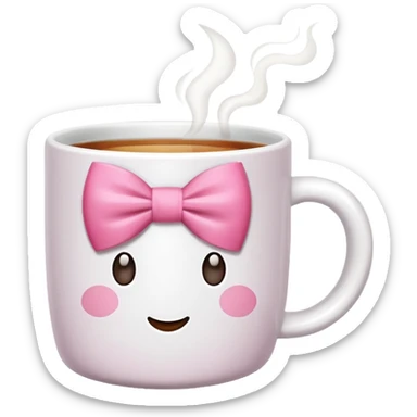 A white mug with a pink bow that contains tea sticker