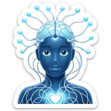 human silhouette with glowing nodes at head and heart, interconnected by flowing lines and floating orbs, soft white-blue light sticker