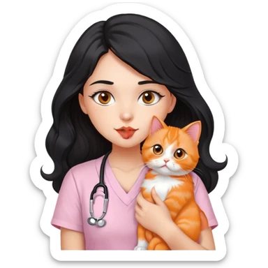 a girl with dark brown eyes and long wavy black hair wearing a short-sleeved tshirt in soft pink with a stethoscope on her neck, while doing a kissy face pose and holding her orange persian cat sticker