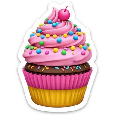 cupcake with pink icing with colorful sprinkles, chocolate cupcake base, 3D emoji style sticker