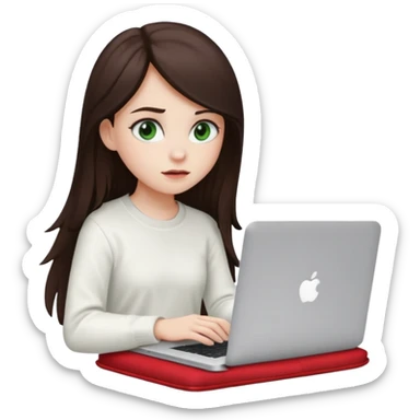 Long dark brown haired, white skinned, dark green eyed girl in white clothes girl sitting in macbook with a red case  sticker