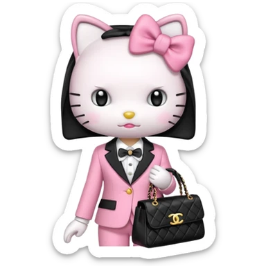 Hello Kitty wears in Chanel with a black bag Timeles sticker