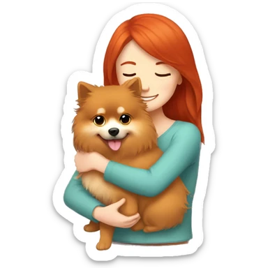 Red-haired girl hugging a Pomeranian. sticker