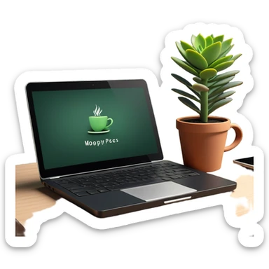 A tidy desk with a laptop, a steaming cup of coffee, and a small green potted plant, showing an organized and inspiring workspace sticker