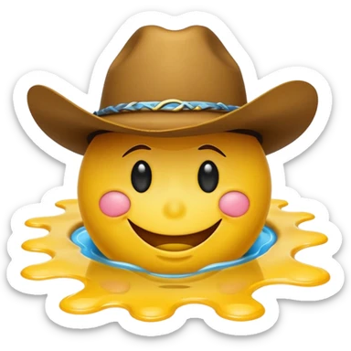 A yellow smiley face melting into a puddle. 

The eyes and mouth slip down the face, yet still maintain a distorted smile. The face is wearing a cowboy hat. sticker