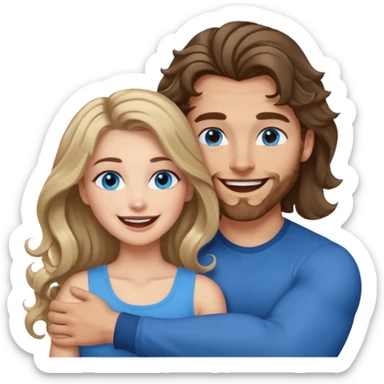 Women with blue eyes and very long, brown blond balayage curled hair in the arms of a man with strong arms a straight face, a very sexy man blue eyes. They are laughing at each other. He has dark brown hair: A fade haircut down to skin and is light skinned  sticker