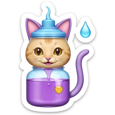Smiling bottle of oil light purple top and light blue sticking tongue out and with cat ears sticker