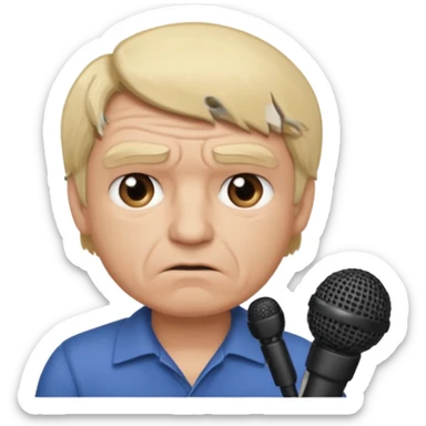 him with a mini microphone and a grumpier face blond hair wrinkles bold sticker