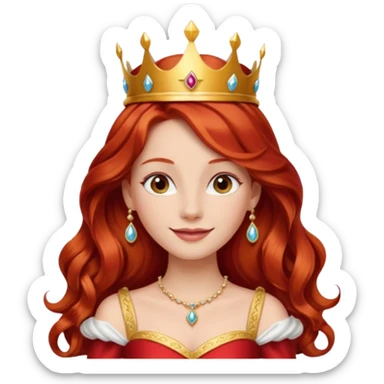 Red Haired Princess, Elegant Princess – long wavy red hair, gold crown, red-white gown, calm smile. sticker