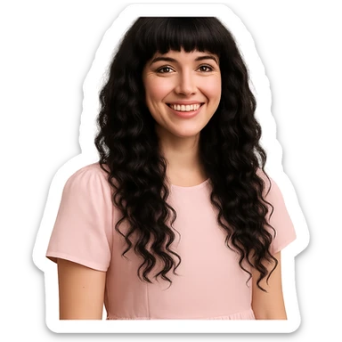 white woman with long black curly hair and bangs, dark brown eyes, pastel pink dress, smiling sticker