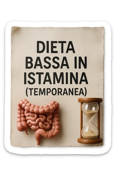 foglio di carta di una dieta con la scritta "DIETA BASSA IN ISTAMINA (TEMPORANEA), E ACCANTO CI METTI UN INTESTINO IN MINIATURA E UNA CLESSIDRA, iperrealistico 4k sticker
