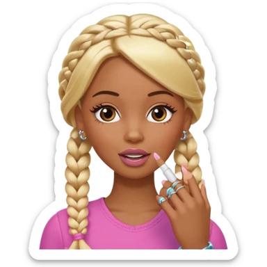 brown skin blonde barbie with two braids in front biting fingernail with long French tips  sticker