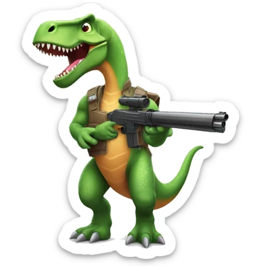 A cartoon realistic dinosaur with a gun  sticker