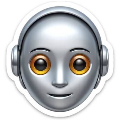 A cute futuristic robot emoji made of silver chrome, rounded friendly body, minimal facial features, glossy metallic surface, soft reflections, iOS emoji style, centered, clean white background sticker
