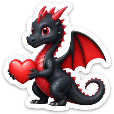 Cute black dragon holding a red heart sticker