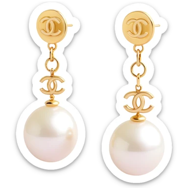 3D emoji-style pearl drop earrings with a small gold Chanel logo charm, elegant sticker