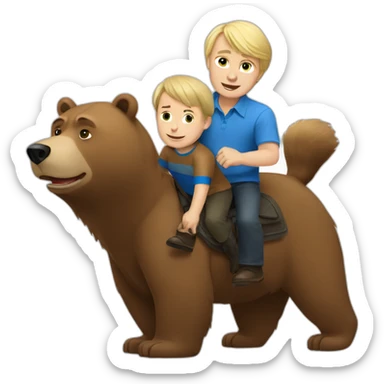 vladimir putin riding a brown bear with a little blond boy wearing a blue shirt sticker
