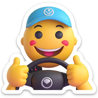 3D smiley emoji, round shape, youthful and cute bus driver: wearing a cap, behind the steering wheel, both hands on the wheel, big smile, transparent background sticker