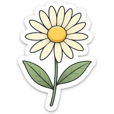 minimal line-art daisy flower sticker, elegant thin stroke, soft white and yellow tones, clean vector design, no background, modern aesthetic sticker