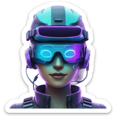 Secret humanoid agent in a futuristic hat with in Apple VR goggles headset code display on the goggles , cyberpunk, cyan and purple colors, only upper body portrait, front facing the camera  sticker
