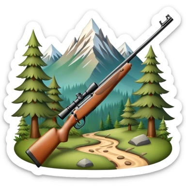 Icon for Hunting Tourism: hunting rifle, surrounded by nature elements like trees, mountains, and wildlife tracks. The icon should represent the adventure and exploration of hunting tourism. Transparent background. sticker