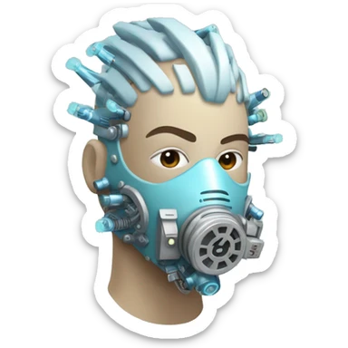 Pastel blue Mohawk cyborg head with silver respirator mask, goatee and circuits sticker