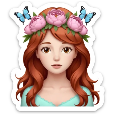 Woman with long flowing auburn hair wearing a pastel flower crown with big peonies and roses and butterflies in it sticker
