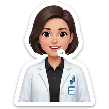 Hacer un emoji con bata, que se alcance a ver una bolígrafo azul en la bata, una polo color negro y un gafete colgando que diga forense, la cara que sea un poco femenina, cabello corto, que de su boca salga un globo de hablar que diga 53, quitar la pluma de la boca sticker